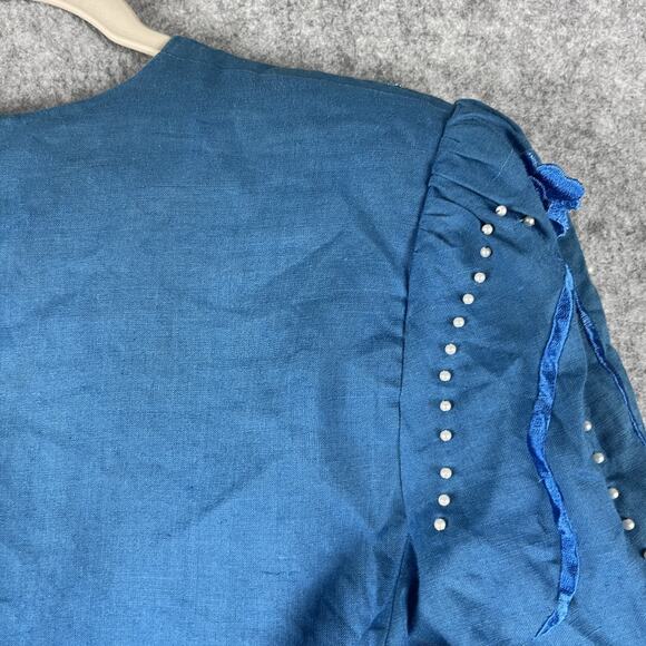 Vintage Bellino Paris Mode Top Womens 14 Blue Ramie Embroidered Beaded Applique - Picture 11 of 14